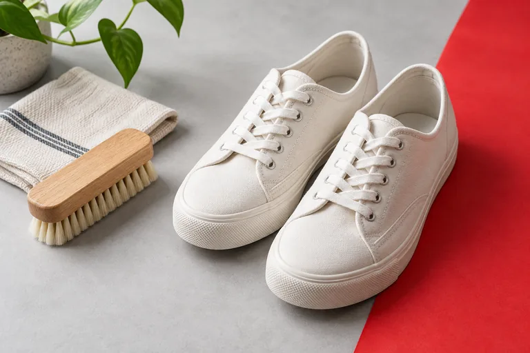 Canvas sneakers beside a soft cleaning brush and folded cloth.